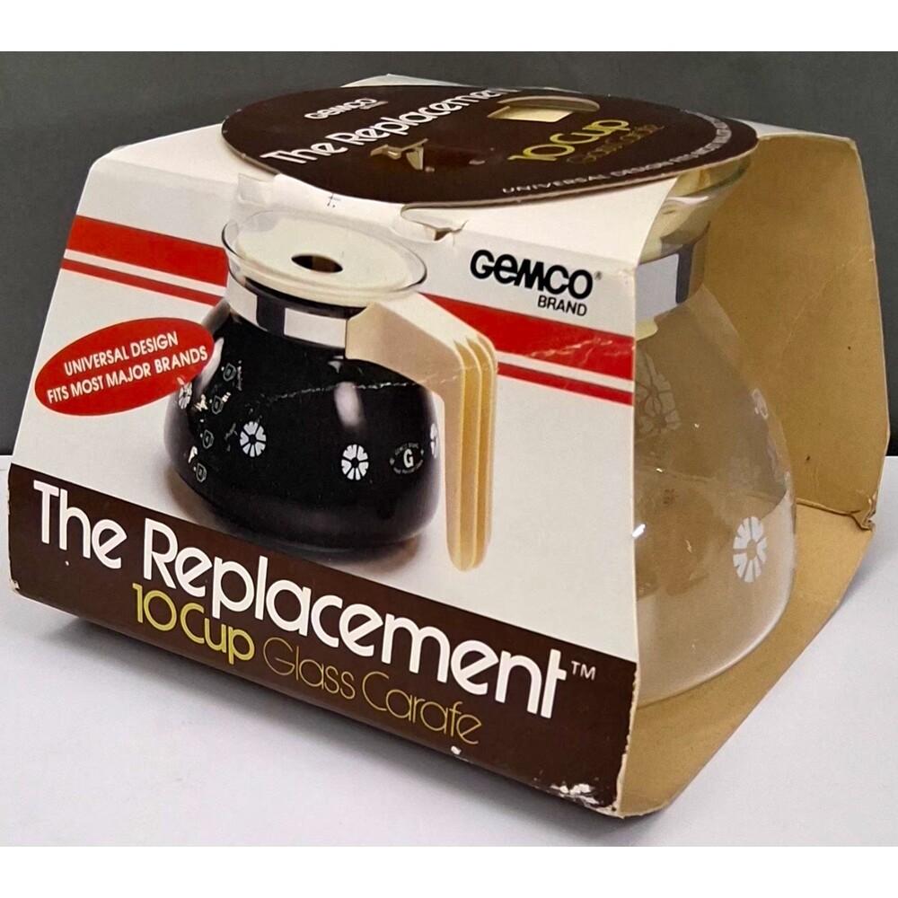 VTG 1983 Gemco The Replacement 10 Cup Glass Carafe, Lid, SS Band Mr. Coffee/Bunn